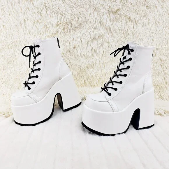 White Matte Chunky Platform Goth Punk Ankle Boots Camel - Picture 14 of 14